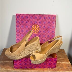 Tory Burch Tan Peep-Toe Wedges, women’s 8.5